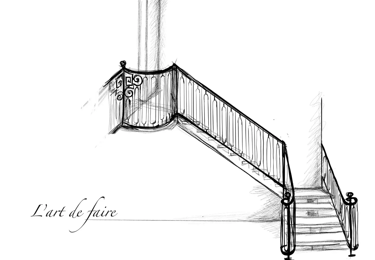 Croquis de conception d'une rampe d'escalier en fer forgé, bureau d'études L'Art de Faire