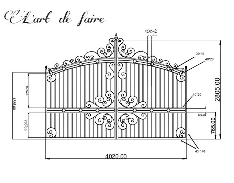 Plan coté d'un portail en fer forgé ouvragé, bureau d'études L'Art de Faire