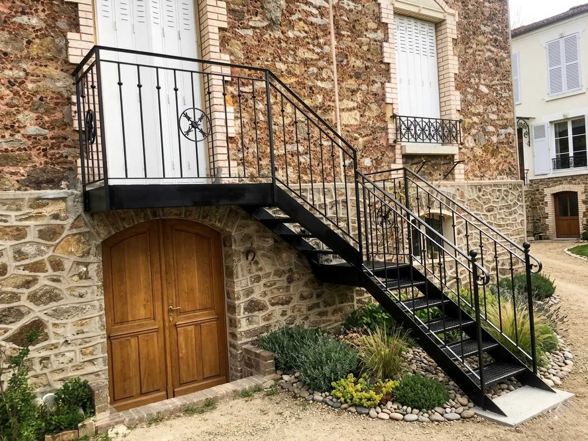 Escalier d'accès extérieur en fer forgé le long d'une façade en pierre, garde-corps assorti, L'Art de Faire