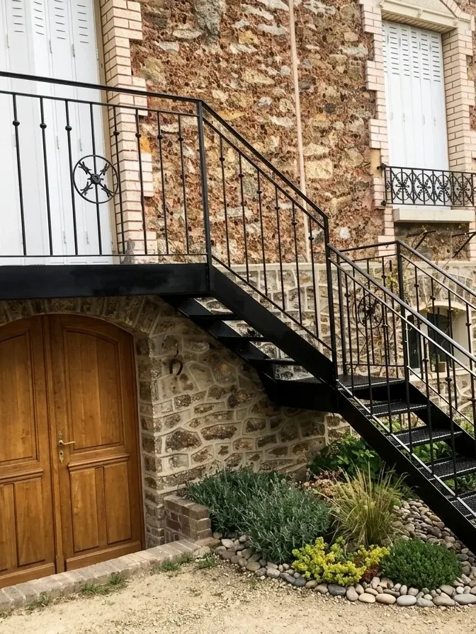 Escalier d'accès extérieur en fer forgé le long d'une façade en pierre, garde-corps assorti, L'Art de Faire