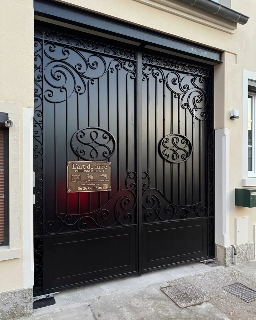 Portail en fer forgé noir ouvragé à médaillon doré, L'Art de Faire