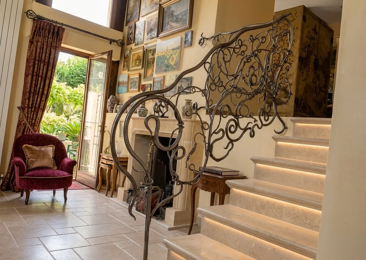 Rampe d'escalier en fer forgé à volutes dans une entrée, L'Art de Faire
